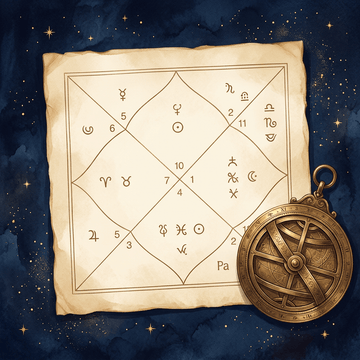 AI illustration of a Vedic kundli birth chart with a brass celestial instrument on an indigo background.