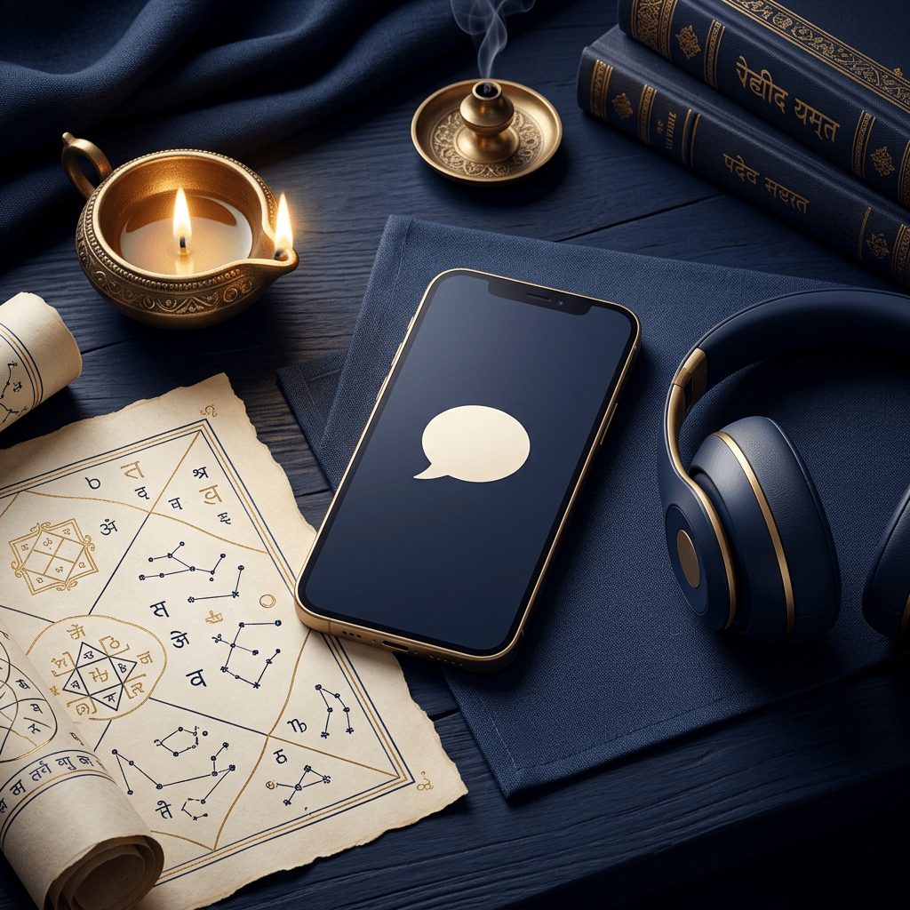 AI illustration of a smartphone and headset representing online astrology consultation options.