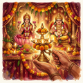 AI illustration of Diwali Pujan step 5: aarti lamp held before a decorated altar.