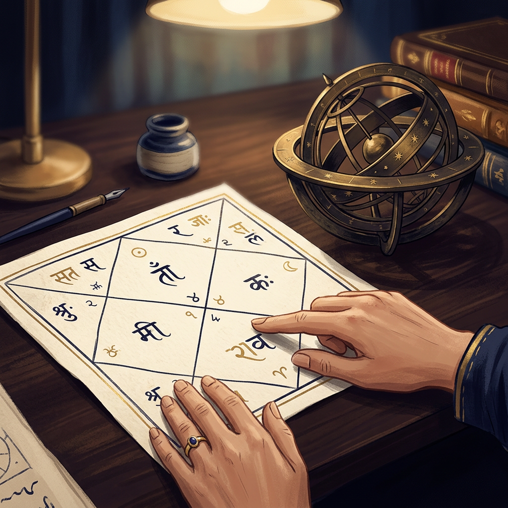 AI illustration of a Vedic kundli birth chart with a brass celestial instrument on an indigo background.