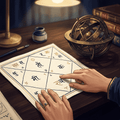 AI illustration of hands studying a North Indian style kundli birth chart.